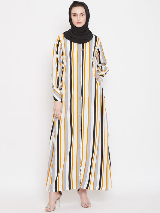 Yellow Stripe Front Open Abaya Burqa for Women with Black Georgette Hijab