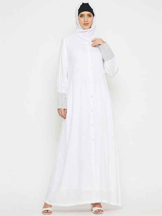 Front Open Rayon Bell Sleeve Solid White Abaya For Umarh / Hajj with Black Hijab