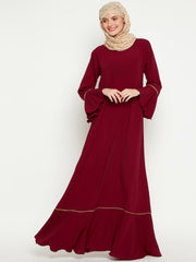 Maroon and Beige Piping Design A-Line Abaya for Women with Black Georgette Hijab