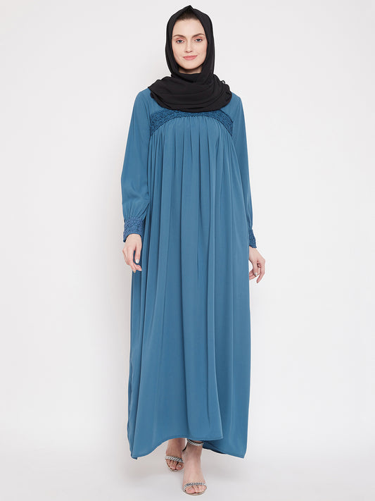 Sky Blue Lace work Designed Abaya for Women with Black Georgette Scarf