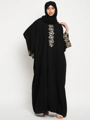 Embroidery Work Solid Loose Fit Black Abaya Burqa For Women With Black Georgette Scarf