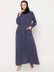 Blue Striped Abaya for Women with Black Georgette Hijab