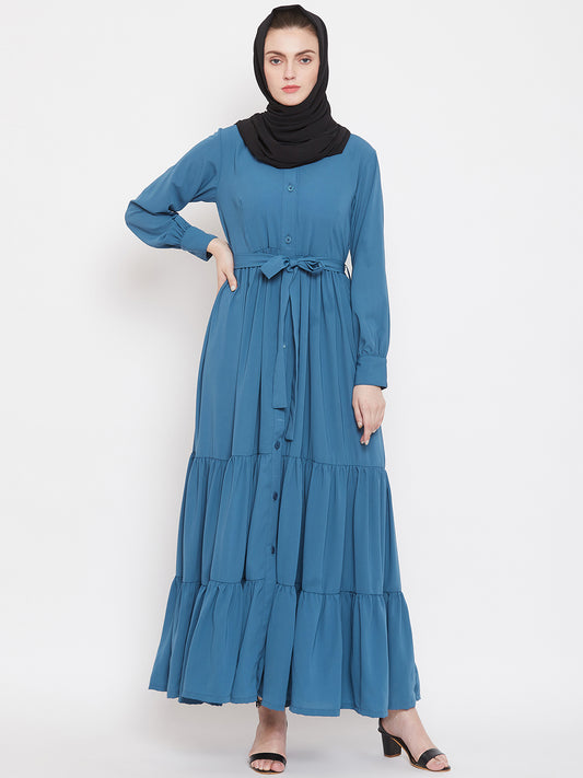 Frilled Sky Blue Abaya Burqa For Women With Belt and Black Hijab