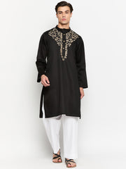 Mens Solid Embroidery Details Black Mandarin Kurta