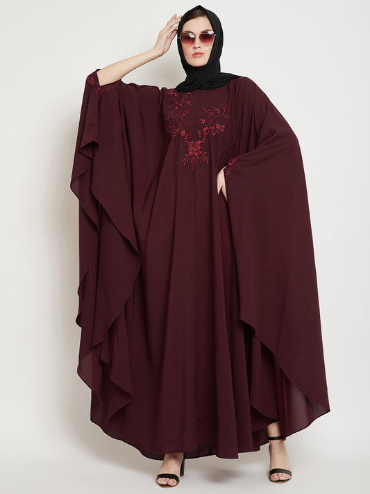 Maroon Chikan Hand Embroidered Irani Kaftan Abaya for Women with Black Georgette Hijab
