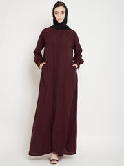 Front Open Maroon Solid Mandarin Collar Abaya Burqa With Black Hijab