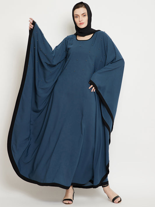 Pearl Design Grey Solid Kaftan Abaya for Women with Black Georgette Hijab