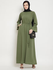 Jade Green Solid A- Line Abaya for Women with Black Georgette Scarf