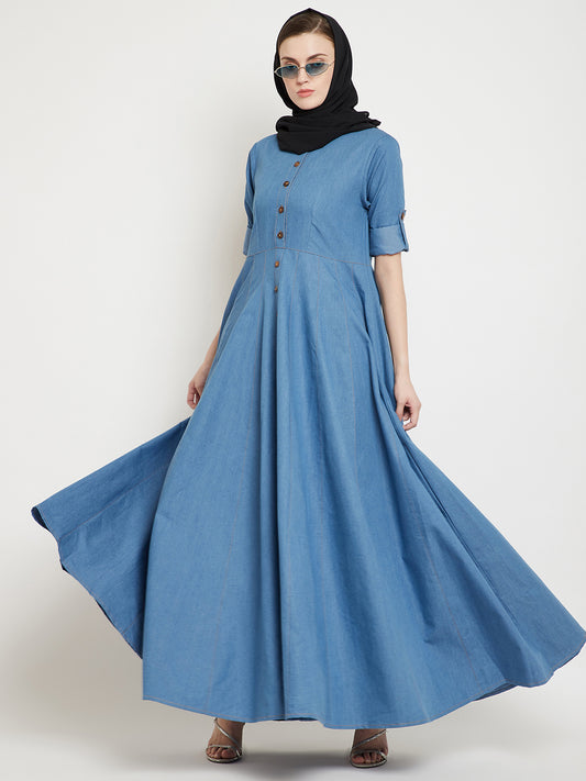 Blue Denim Cotton Abaya Dress with Black Georgette Hijab