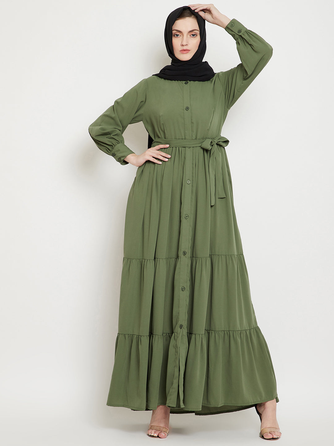 Frilled Jade Green Abaya Burqa For Women With Belt and Black Hijab