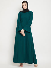Bottle Green Solid A- Line Abaya for Women with Black Georgette Scarf