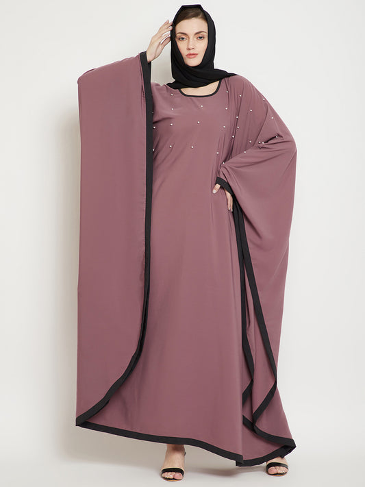 Pearl Design Puce Pink Solid Kaftan Abaya for Women with Black Georgette Hijab