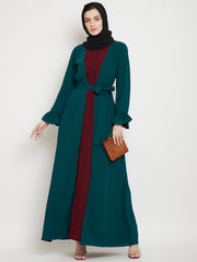 Bottle Green & Maroon Bell Sleeves Abaya for Women with Black Georgette Scarf