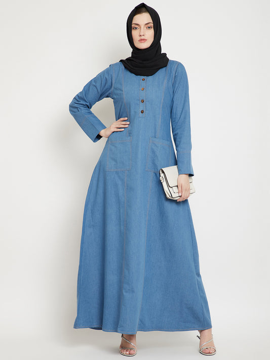 Patch Pockets Blue Denim Cotton Abaya Dress with Black Georgette Hijab