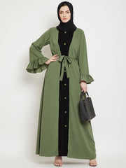 Jade Green & Black Bell Sleeves Abaya for Women with Black Georgette Scarf