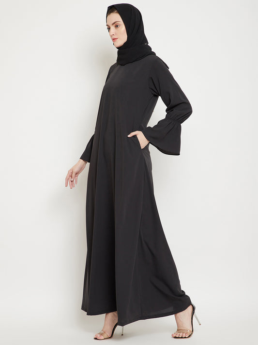 Olive Black Solid A- Line Abaya for Women with Black Georgette Scarf