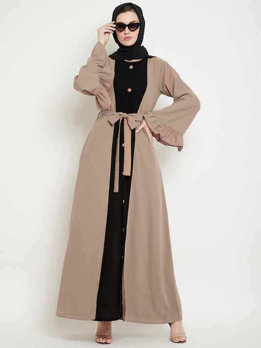 Beige & Black Bell Sleeves Abaya for Women with Black Georgette Scarf