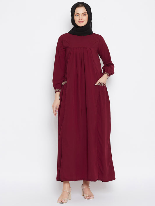 Maroon Abaya for Women with Chikan hand Embroidery with Black Georgette Scarf