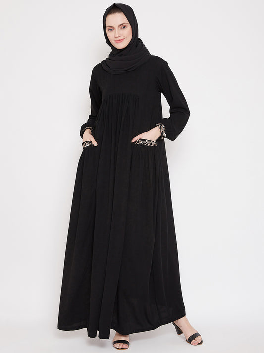 Black Abaya for Women with Chikan hand Embroidery with Black Georgette Scarf