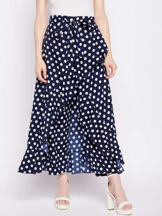 Blue and White Polka Printed Skirt With Attached Trouser