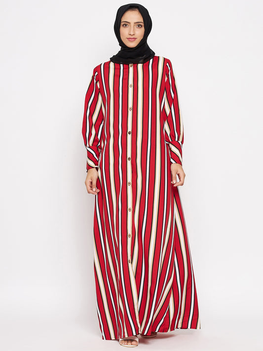 Red Stripe Front Open Abaya for Women with Black Georgette Scarf