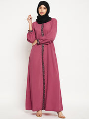 Embroidery Work Solid Women Pink Abaya Burqa With Black Georgette Scarf