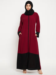 Maroon And Black Women Solid A-Line Abaya Burqa With Black Georgette Hijab