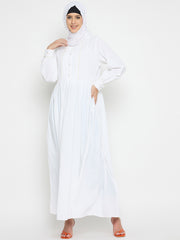 Embroidered White Solid Abaya For Umrah or Hajj with Black Hijab