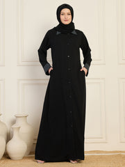 Front-Open Black Solid Collared Abaya with Black Georgette Hijab