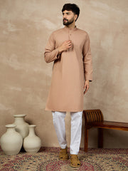 Beige Solid Cotton Kurta and White Pajama Set For Men