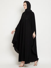 Black Chikan Hand Embroidered Irani Kaftan Abaya for Women with Black Georgette Hijab