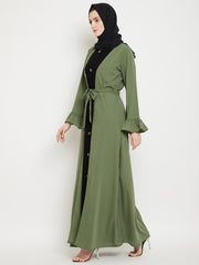 Jade Green & Black Bell Sleeves Abaya for Women with Black Georgette Scarf