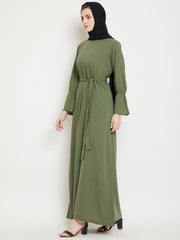 Jade Green Solid A- Line Abaya for Women with Black Georgette Scarf