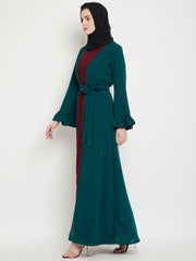 Bottle Green & Maroon Bell Sleeves Abaya for Women with Black Georgette Scarf