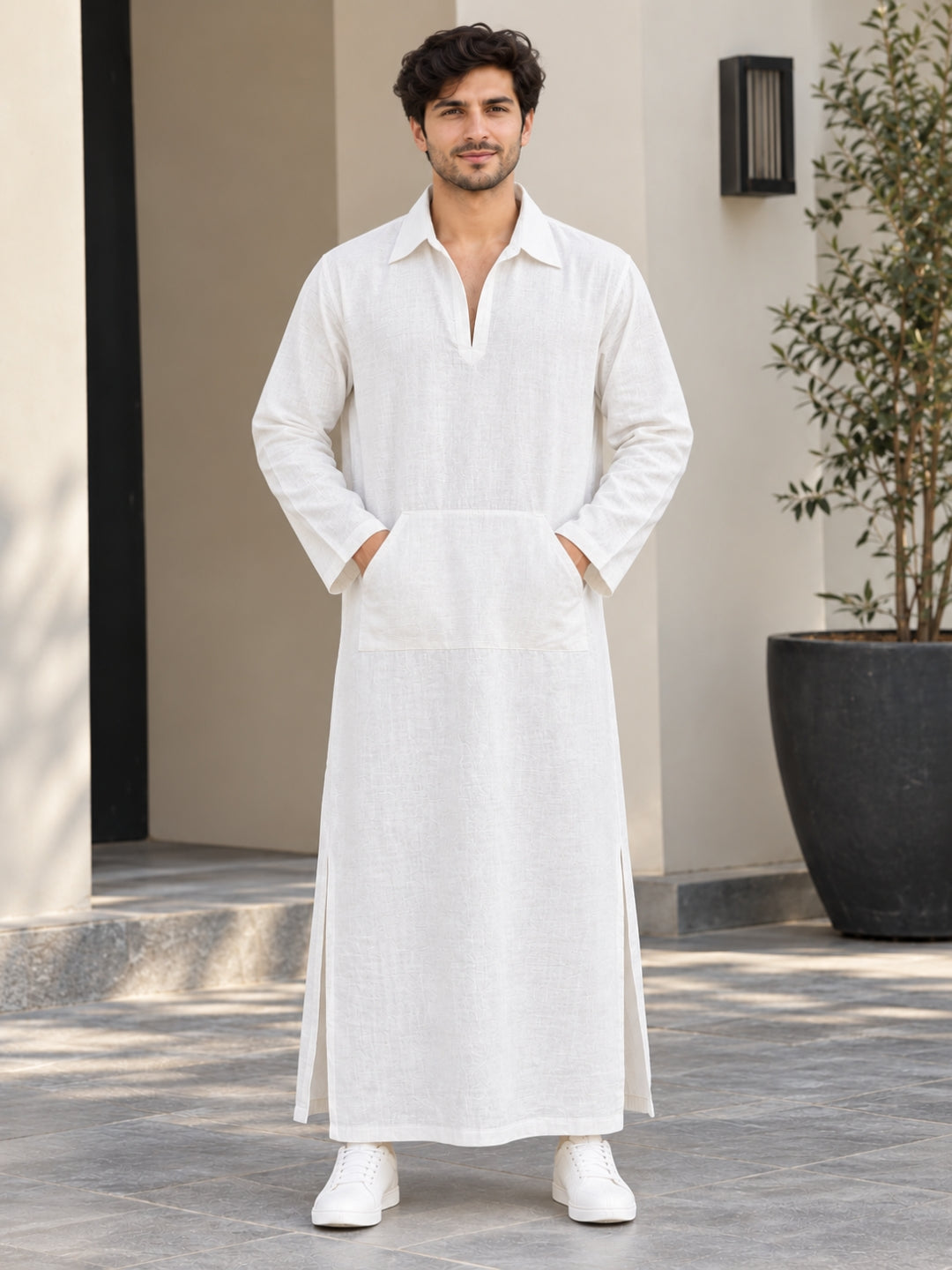 Men’s White Solid Linen Oversized Resort Wear Kaftan