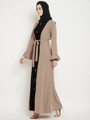 Beige & Black Bell Sleeves Abaya for Women with Black Georgette Scarf