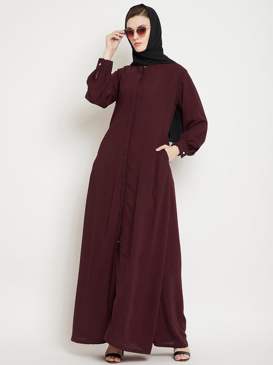 Front Open Maroon Solid Mandarin Collar Abaya Burqa With Black Hijab