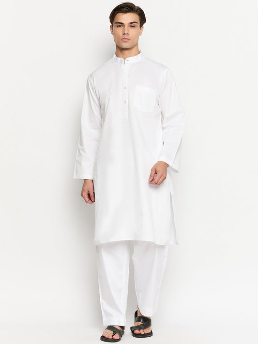 White Mandarin Collar Solid Men's Kurta Pajama Set