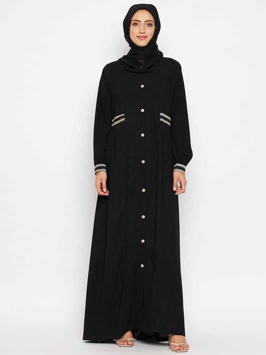 Black Embroidery Front Open Abaya Dress with Black Georgette Hijab