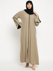 Beige A-Line Black Piping Design Abaya for Women with Black Georgette Hijab