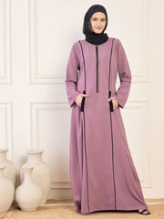 Zip-Closure Piping Detailing Pink Solid Abaya Burqa With Black Georgette Hijab