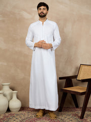 White Solid Cotton Mandarin Collar Arabic Thobe For Men