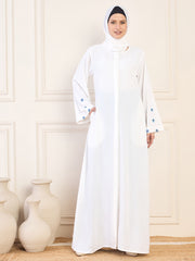 Front Open White Solid Hand Work Detailing Luxury Abaya Burqa For Women With Matching Georgette Hijab