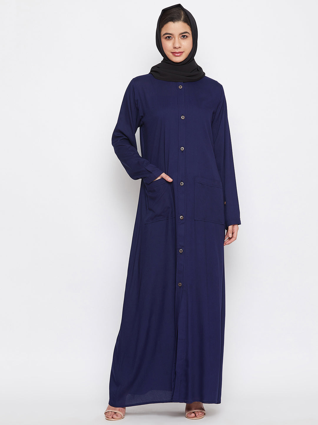 Blue Rayon Front Open Abaya for Women with Black Georgette Scarf