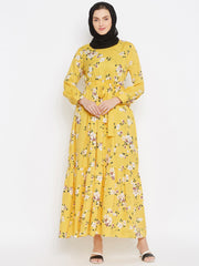 Yellow Floral Printed Crepe Frill Abaya Dress for Women with Black Georgette Scarf