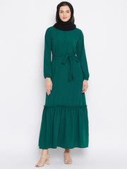 Bottle Green Solid Frill Abaya Dress for Women with Black Georgette Scarf