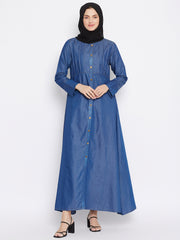 Solid Blue Plates Design Abaya Dress with Black Georgette Hijab