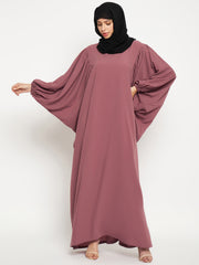 Pink Solid Loose Fit Women Kaftan Abaya for Women with Black Georgette Scarf