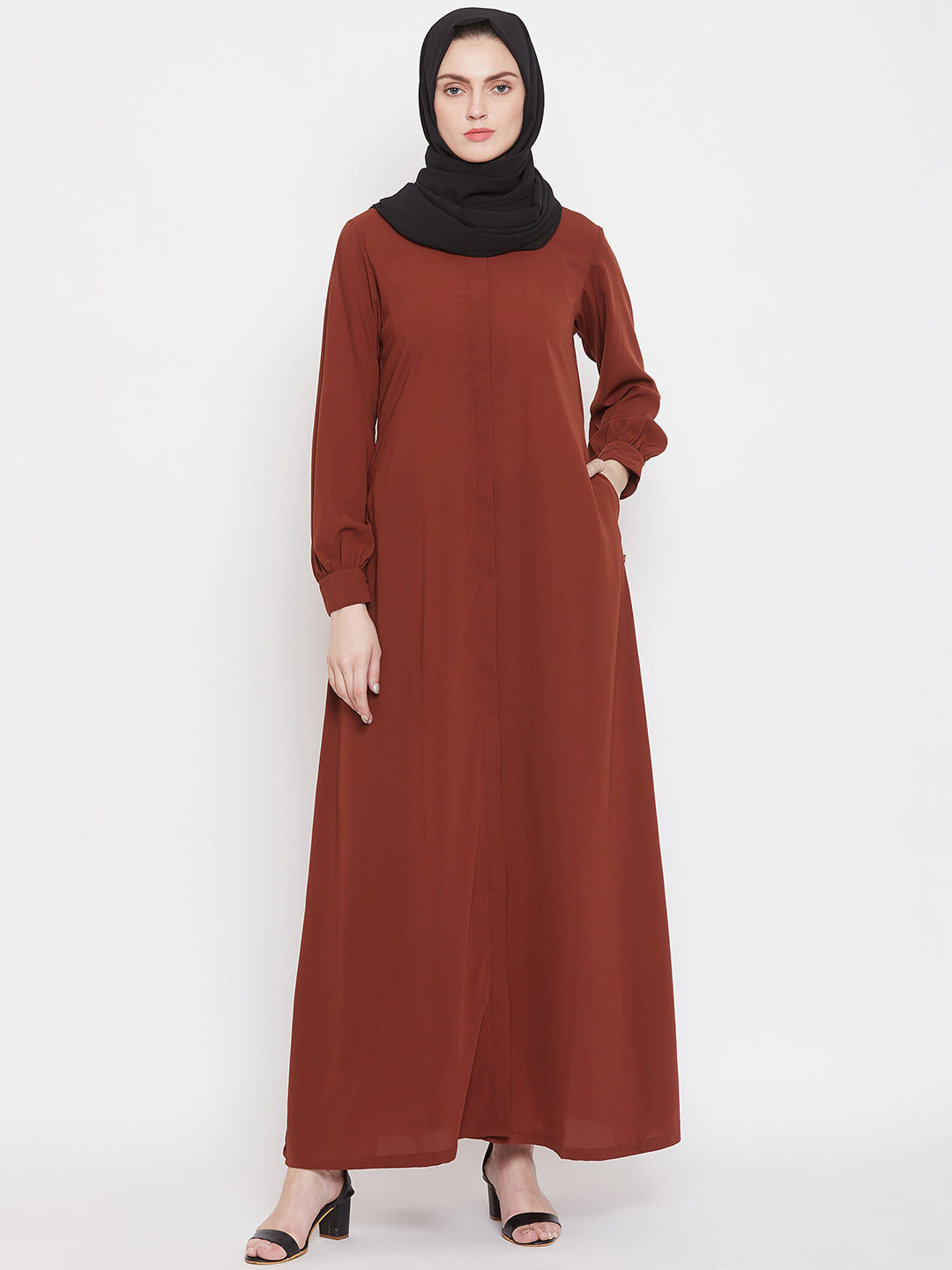 Front Rust Solid Mandarin Collar Abaya Burqa With Black Hijab