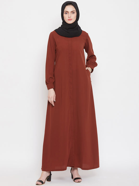 Front Rust Solid Mandarin Collar Abaya Burqa With Black Hijab